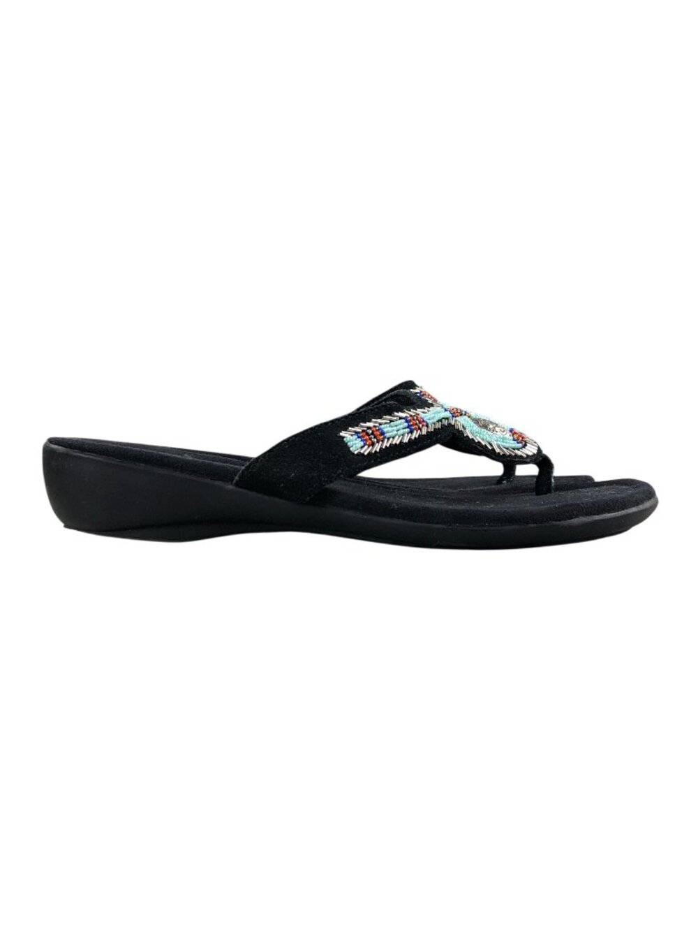 Minnetonka Women's Size 6 Black Leather Blue Silver Beaded Wedge Slip On Sandals